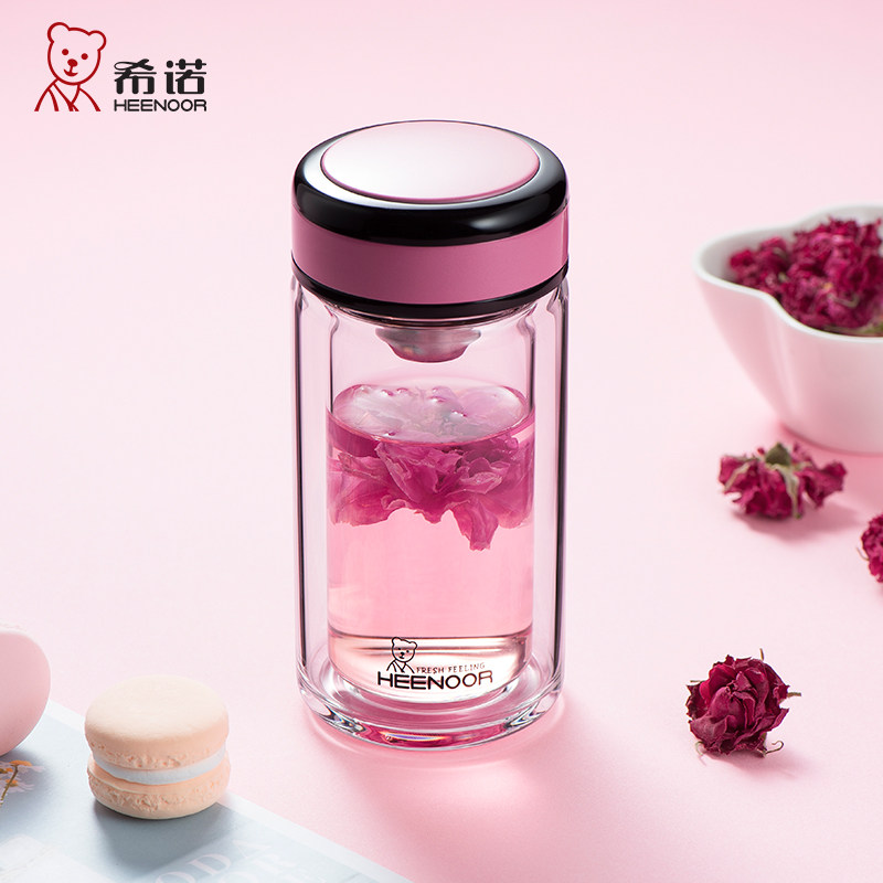 希诺便携带滤网矮胖泡茶玻璃杯图片