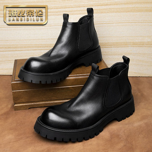 手工厚底切尔西男真皮英伦休闲增高一脚蹬机车马丁靴男士短靴牛皮