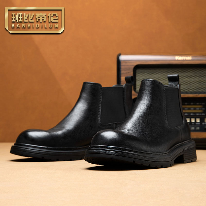 套脚真皮马丁靴男英伦商务增高手工厚底切尔西靴男士牛皮机车短靴