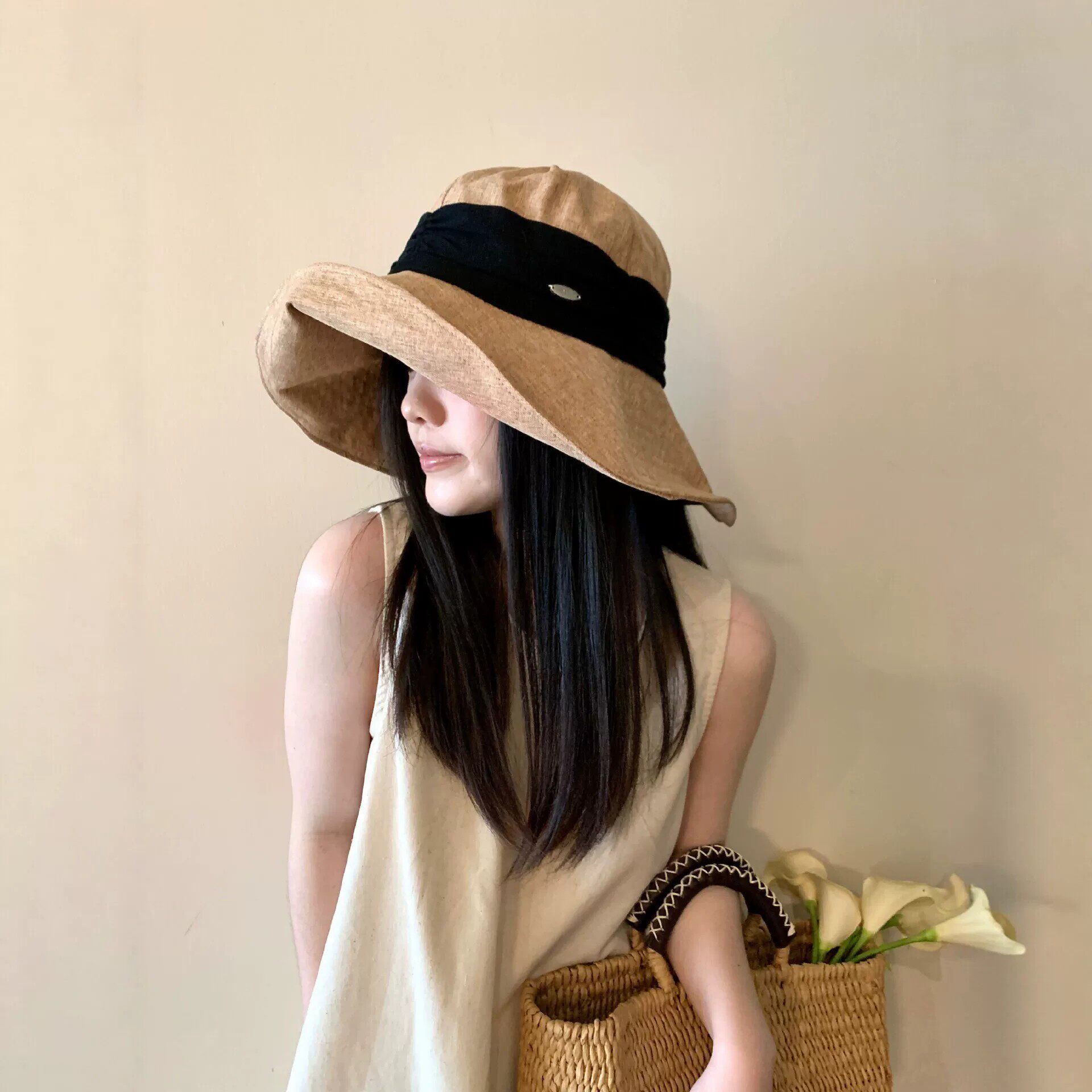 日系亚麻防晒渔夫帽女夏季透气