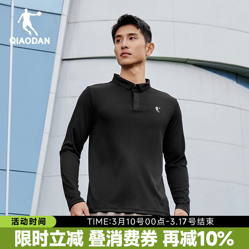 乔丹翻领抗皱长袖t恤男士polo衫春春季新款休闲商务中年爸爸黑色