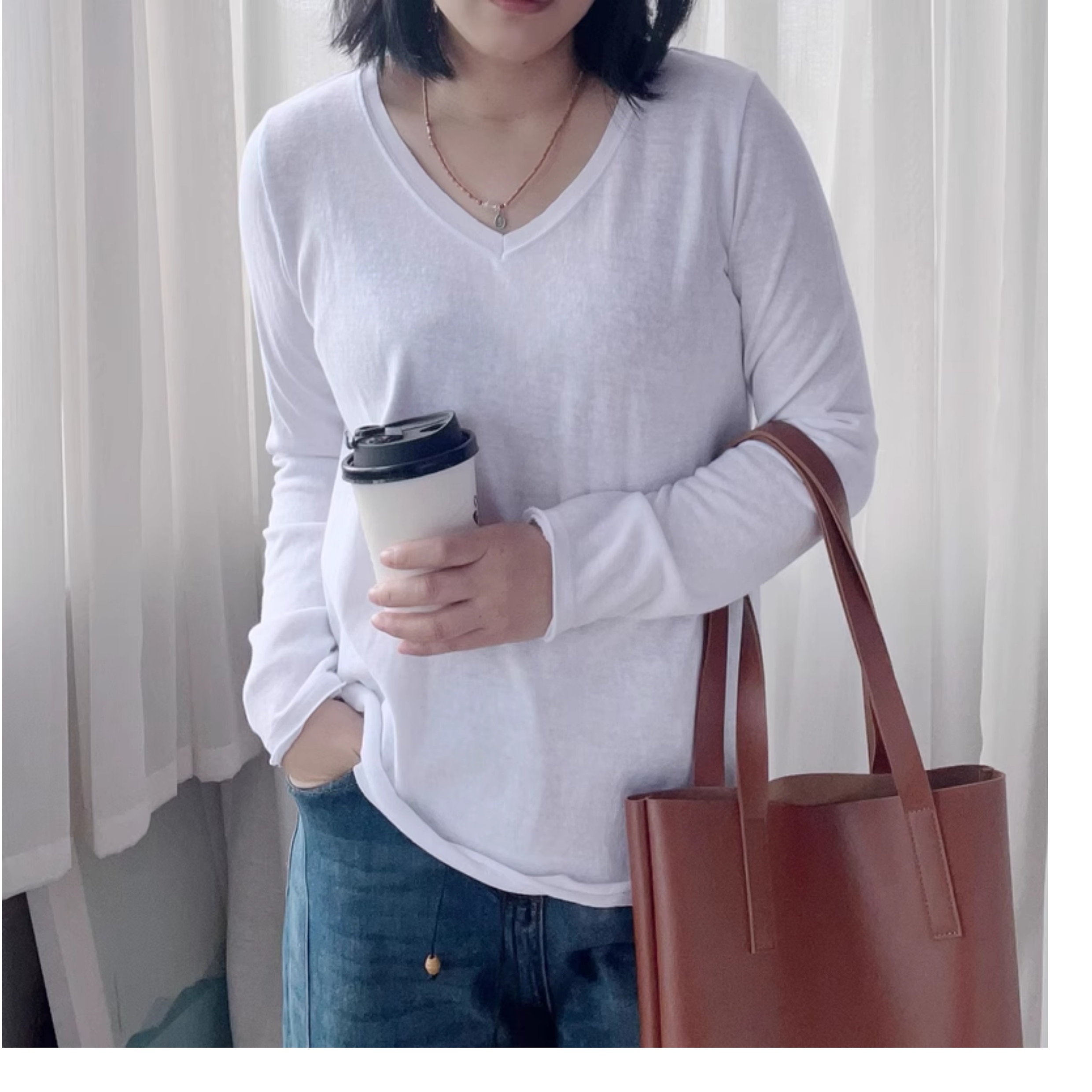 老猫白色长袖T恤女 春装新品上衣大领口设计感休闲简约内搭打底衫