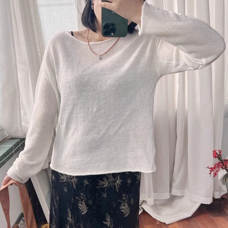 老猫宽松白色防晒罩衫女夏秋薄款亚麻真丝宽松镂空舒服套头针织衫