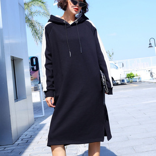 中长款卫衣女2025秋冬季连衣裙女韩版宽松条纹加绒加厚连帽套头潮