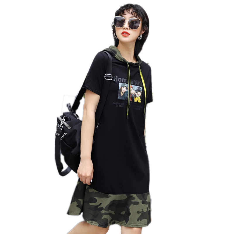宽松遮肚迷彩短袖连衣裙