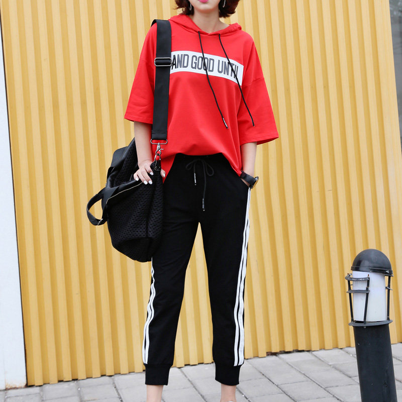 休闲套装女宽松韩版夏季新款两件套七分裤复古潮流港风时尚套装