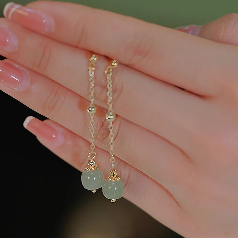 奥特莱斯捡漏18K金富贵如意和田玉耳线耳环耳坠无耳洞耳夹耳饰女