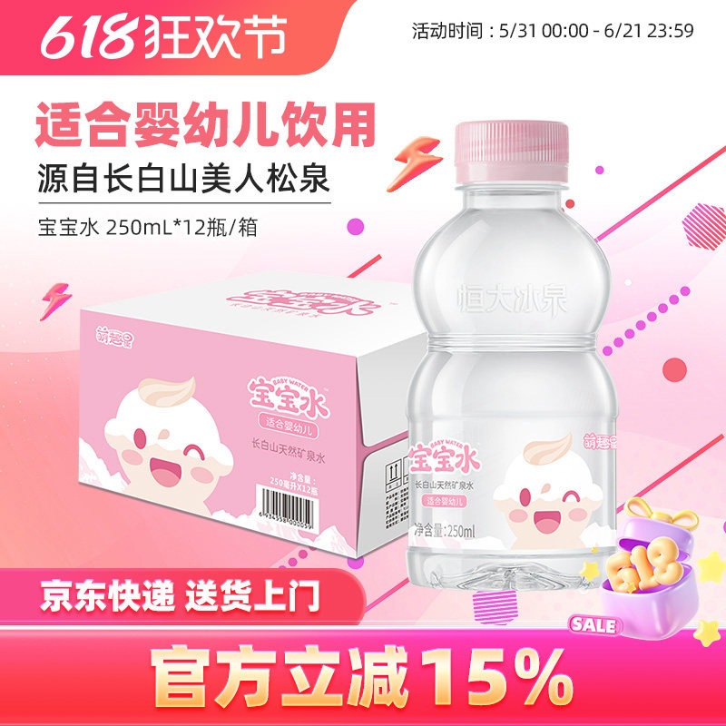 恒大冰泉宝宝水婴幼儿童低钠饮用水天然矿泉水250mL*12瓶小瓶整箱