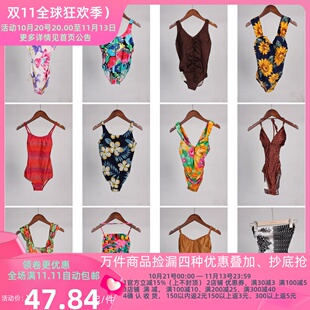 YW96古着vintage日系夏日海边沙滩度假游泳花色女装连体泳衣泳裤