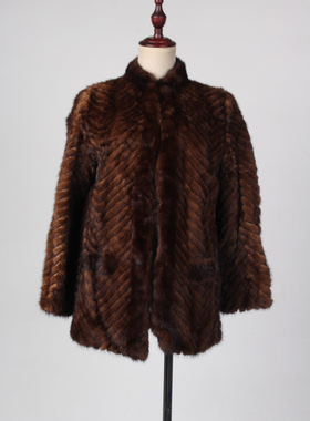 TM194-02489古着vintage真皮草水貂毛冬季保暖中长款大衣外套