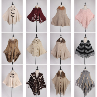 DA453古着vintage日系秋冬针织毛线编织流苏甜美风田园风披肩斗篷