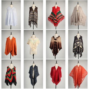 DA322古着vintage秋冬针织毛线文艺森系甜美风复古流苏披肩斗篷女