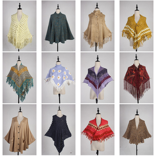 DA269古着vintage日系流苏毛线针织田园文艺森系春秋冬披肩斗篷女