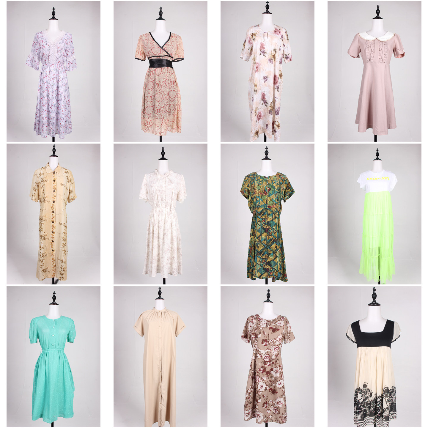 LK63古着vintage日系复古风港风文艺百搭中古中长款短袖连衣裙夏