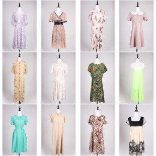 LK63古着vintage日系复古风港风文艺百搭中古中长款短袖连衣裙夏