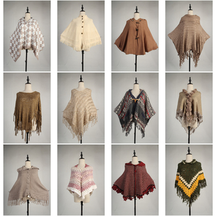 DA382古着vintage日系甜美文艺森系女装春秋针织毛线流苏披肩斗篷