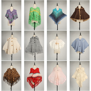 DA389古着vintage日系甜美文艺森系女装春秋针织毛线流苏披肩斗篷