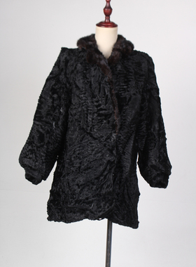 TM202-02540古着vintage冬季保暖真皮草羊皮羊毛貂毛领外套