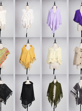 DA162古着vintage秋冬针织文艺森系田园风少女款流苏毛线披肩斗篷