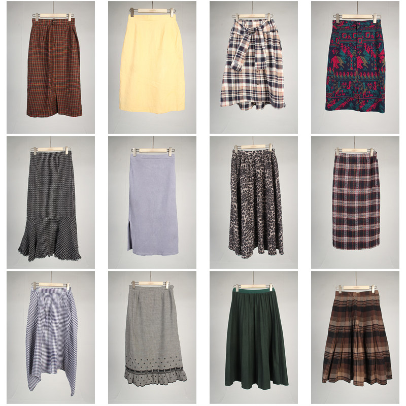 BK913古着vintage日系复古风女士格子毛呢秋冬中长款半身裙