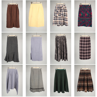 BK913古着vintage日系复古风女士格子毛呢秋冬中长款 半身裙