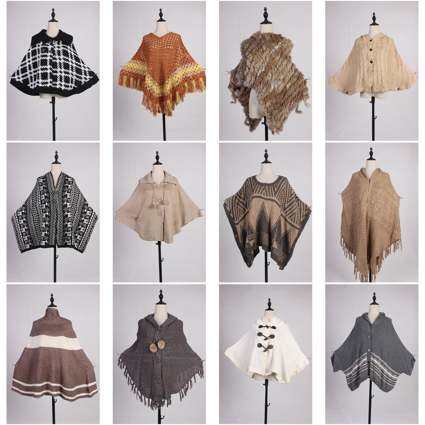 DA379古着vintage日系秋冬森系文艺复古风针织毛线流苏披肩斗篷女
