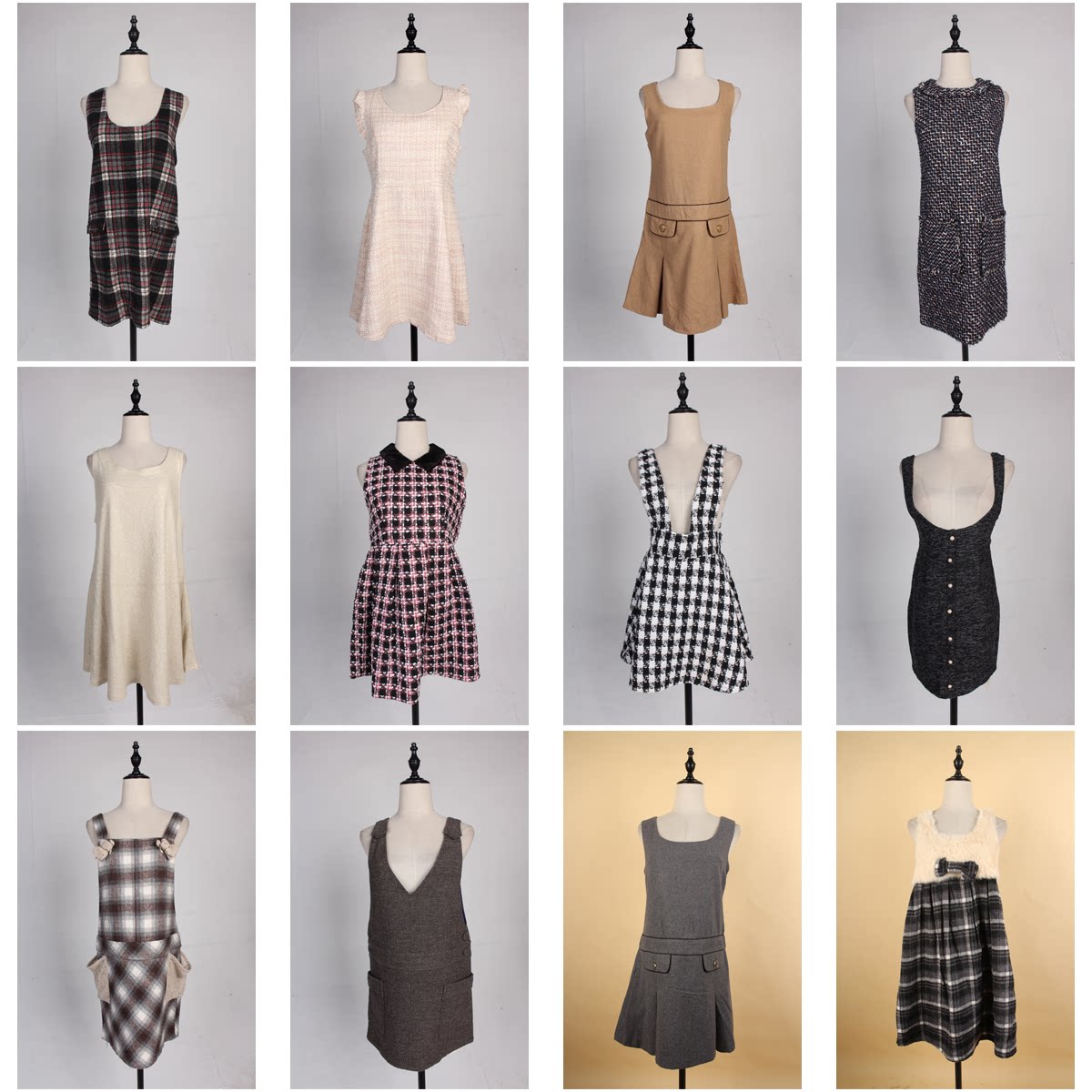 BX77古着vintage日系赫本风秋冬毛呢格子复古风无袖背心裙连衣裙