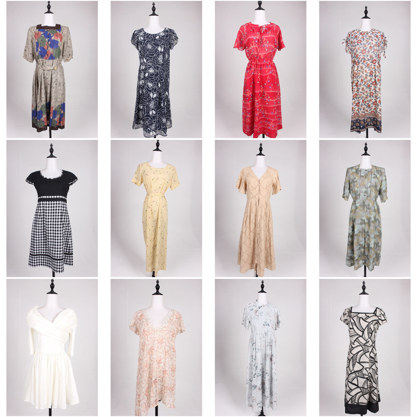 LK59古着vintage日系复古风港风文艺百搭中古中长款短袖连衣裙夏