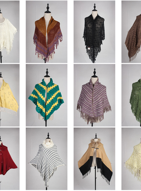 DA227古着vintage中古针织毛线流苏复古风田园风文艺春秋披肩斗篷