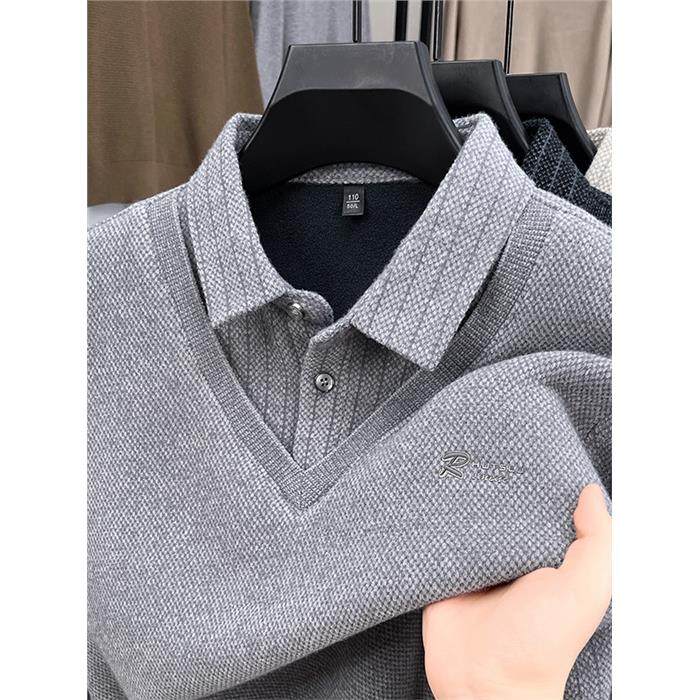 皮尔卡丹正品冬季男士假两件加绒加厚毛衣翻领保暖针织polo打底衫