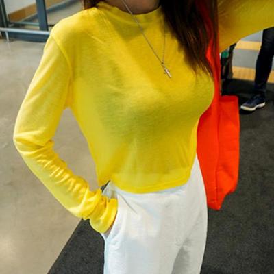 长袖爵士舞蹈T恤女宽松短款微透视防晒罩衫亮黄色上衣jazz跳舞服