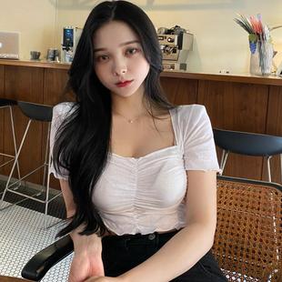 OnoevYL379甜美木耳边 T恤me 性感女人味方领褶皱修身 短袖