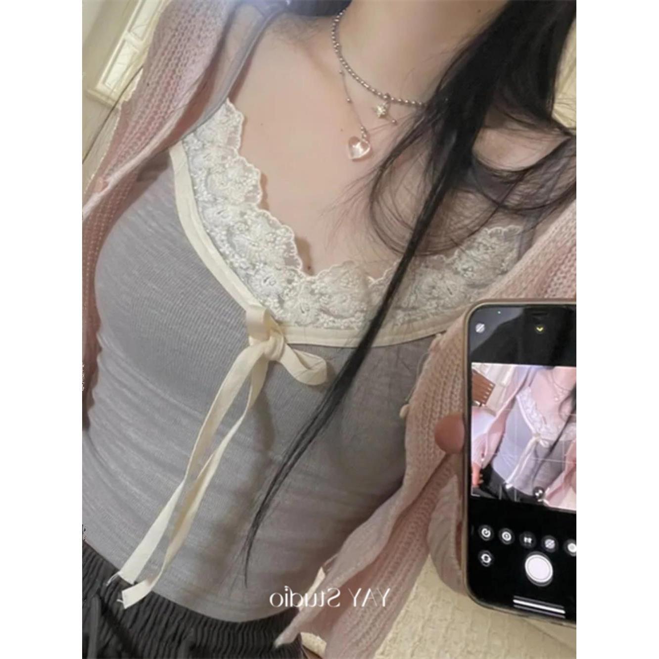 现货~Onoev 蝴蝶结绑带蕾丝边短款吊带背心