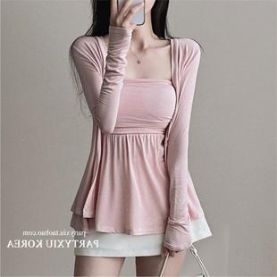 现货 Onoev 美温柔韩系简约搭配女士纯色开衫 抹胸套装