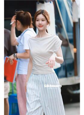 现货~Onoev 纯欲系 斜肩drape纯色短袖T恤