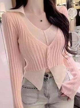 现货 东大门~翻领撞色假两件长袖针织衫上衣011303