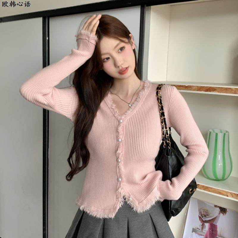 粉色流苏v领长袖针织开衫毛衣外套女秋冬修身内搭打底衫短款上衣,女装/女士精品,毛针织衫,淘宝优惠券,粉丝福利购,淘宝优惠卷