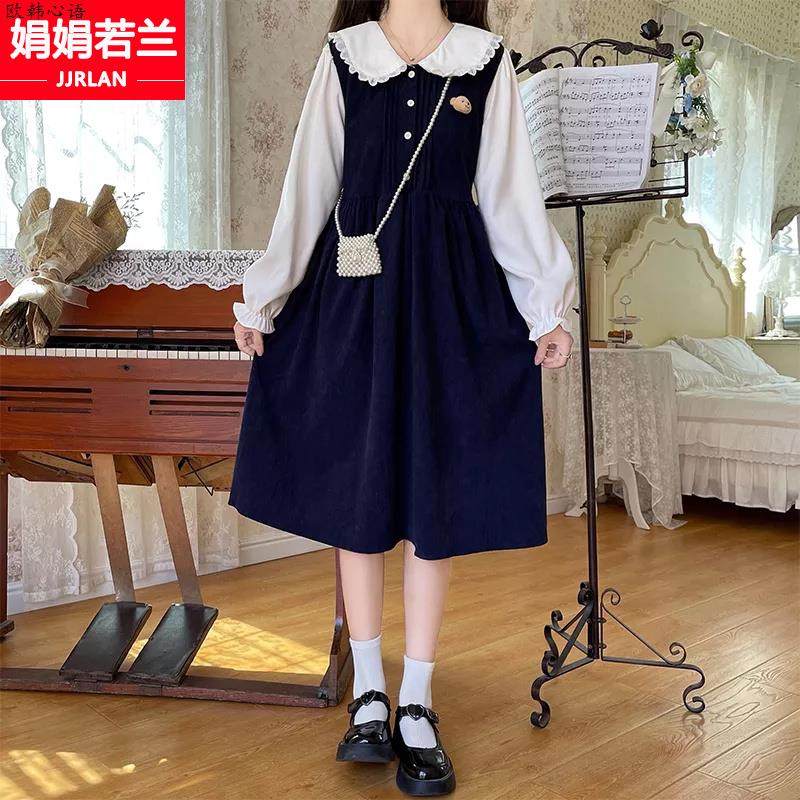 娃娃领长袖连衣裙少女春秋2025新款初中高中学生假两件甜美长裙子