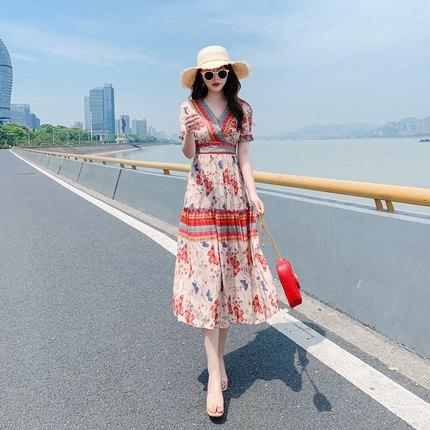 旅游拍照裙多巴胺连衣裙女夏高端三亚沙滩裙超仙绝美长裙海边度假