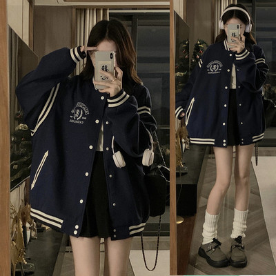 棒球服女胖mm大码春秋夹棉百搭学生休闲美式拼色拼接外套200斤潮