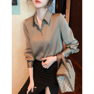 2024新款 春装 职业雪纺上衣设计感小众抗皱衬衣 女春秋长袖 缎面衬衫