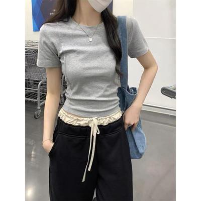 2025新款短袖灰色t恤女夏季正肩鱼骨修身显瘦气质上衣设计感小众