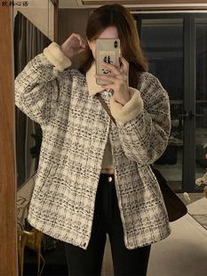小香风羊羔毛绒格子外套女秋冬季中长款加厚两面穿棉服小个子上衣