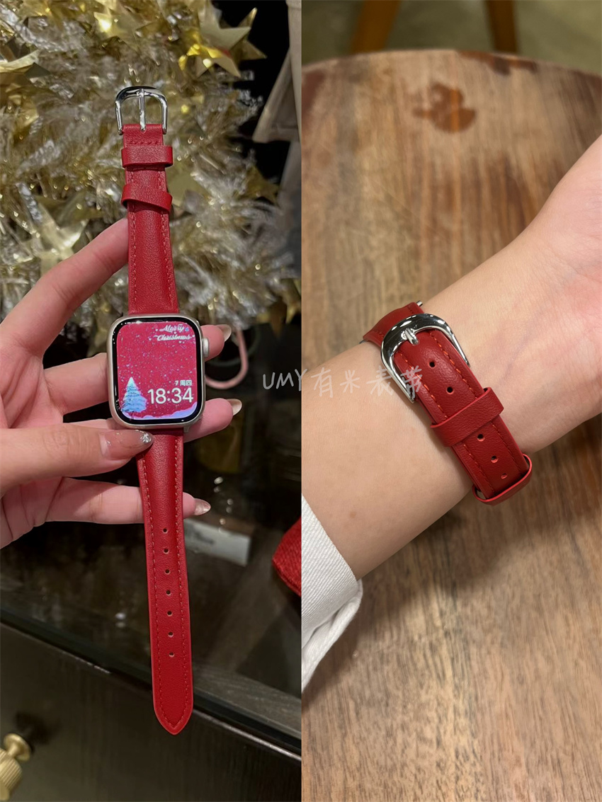 适用于苹果手表applewatch987真牛皮表带小蛮腰s10se新年红色女