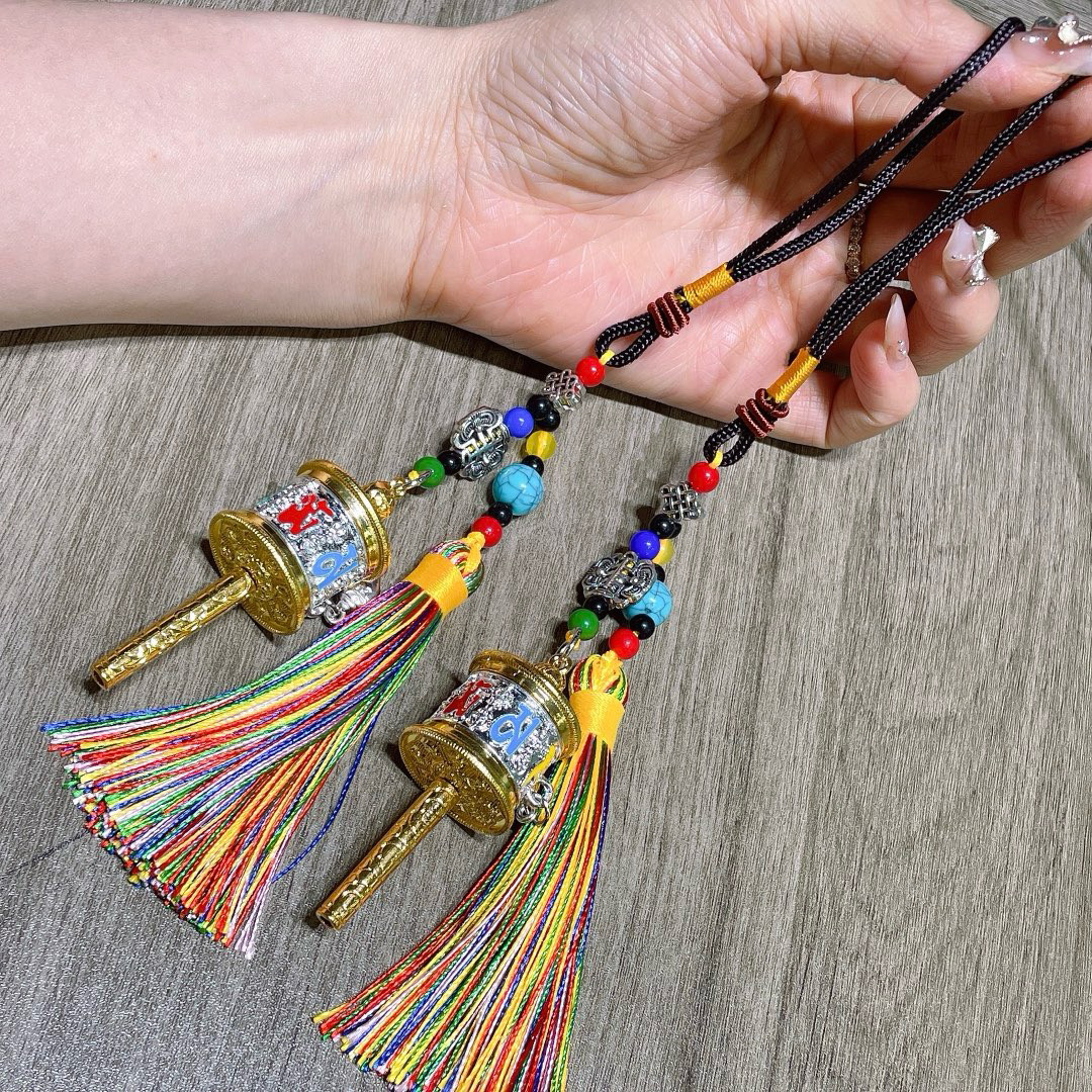 藏式手持彩色挂件转桶道具五彩流苏手摇金轮转经藏族转筒