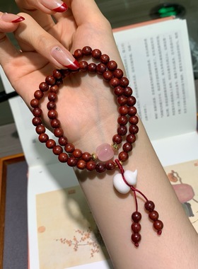 新品紫檀木多圈葫芦手链搭配粉水晶方糖手链配件时尚简约男女生款