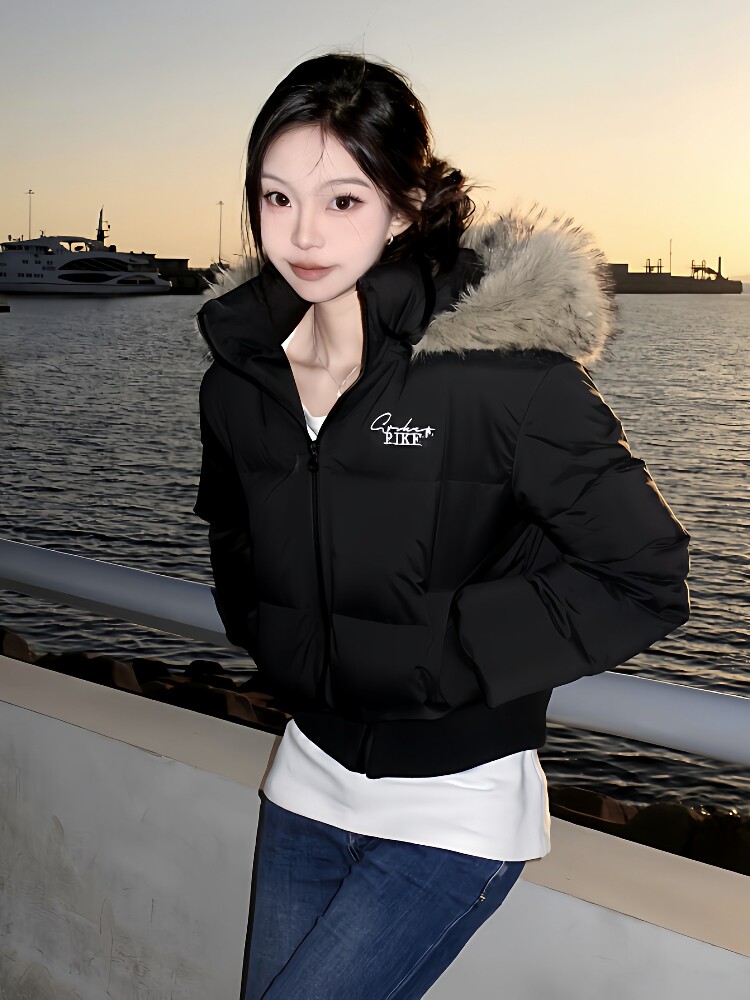 High-end Korean-style black short hooded down jacket with fur collar, women's winter thickened 90% white duck down puffer coat