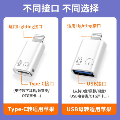 Lightning转Typec母口U盘无线领夹麦克风数字耳机otg声卡转换器USB接口优盘适用iphone12pro苹果14/13/11手机