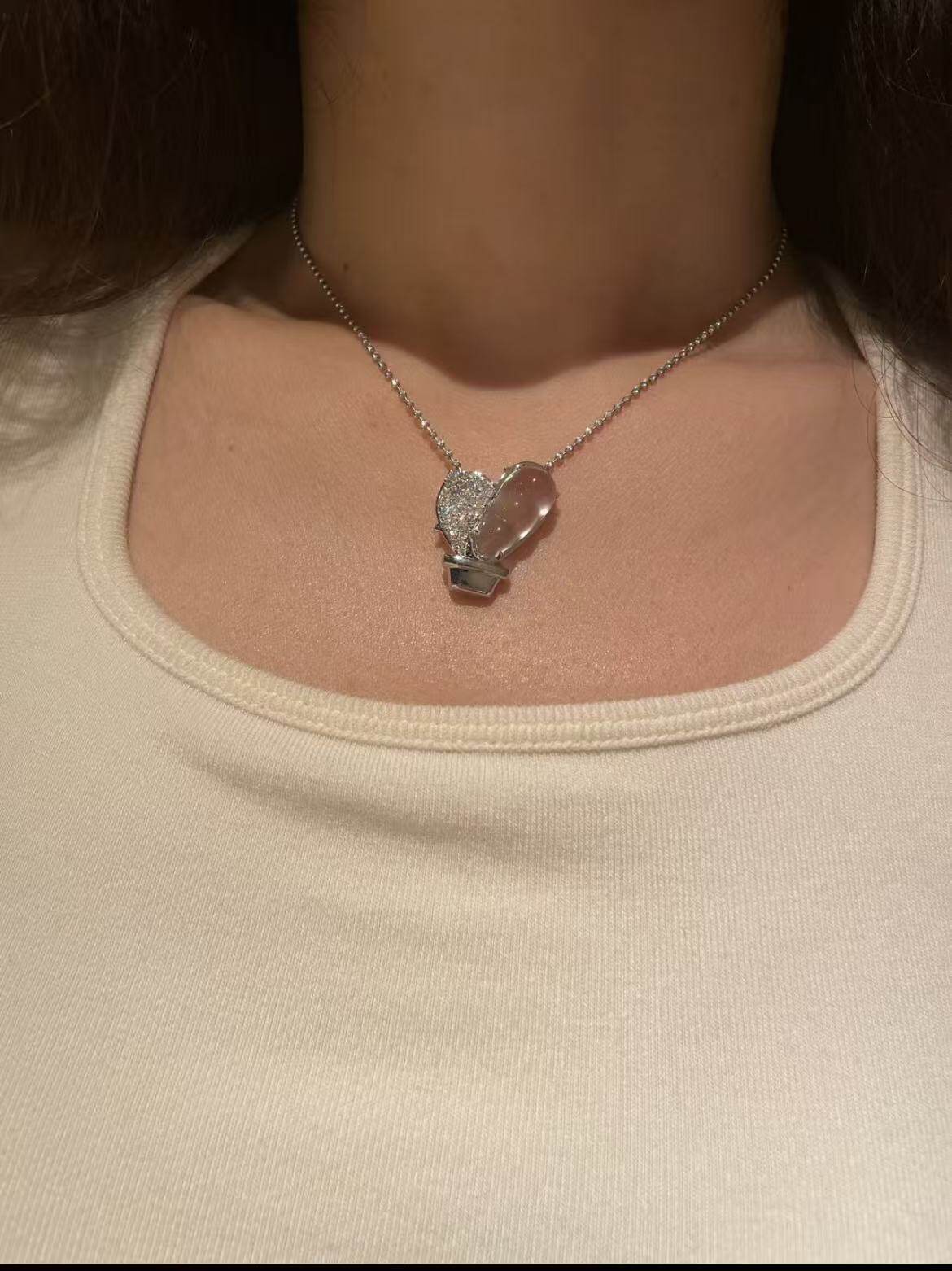 俄冰玉俄国玻璃种天然玉石福豆吊坠 设计款花盆福豆莫桑钻银镀金