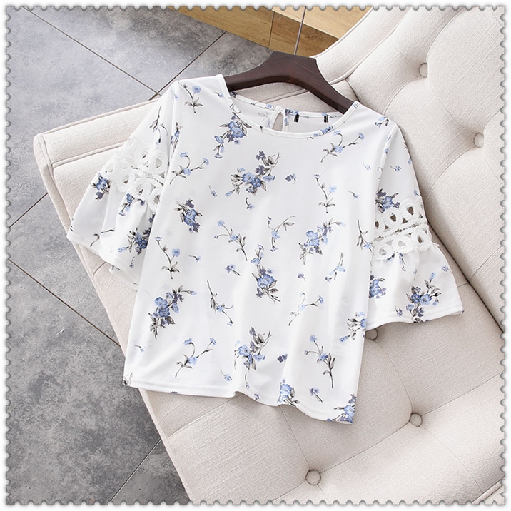 【特价】外贸原单 日本订单清新蓝色花朵镂空镶拼荷叶袖上装衬衫